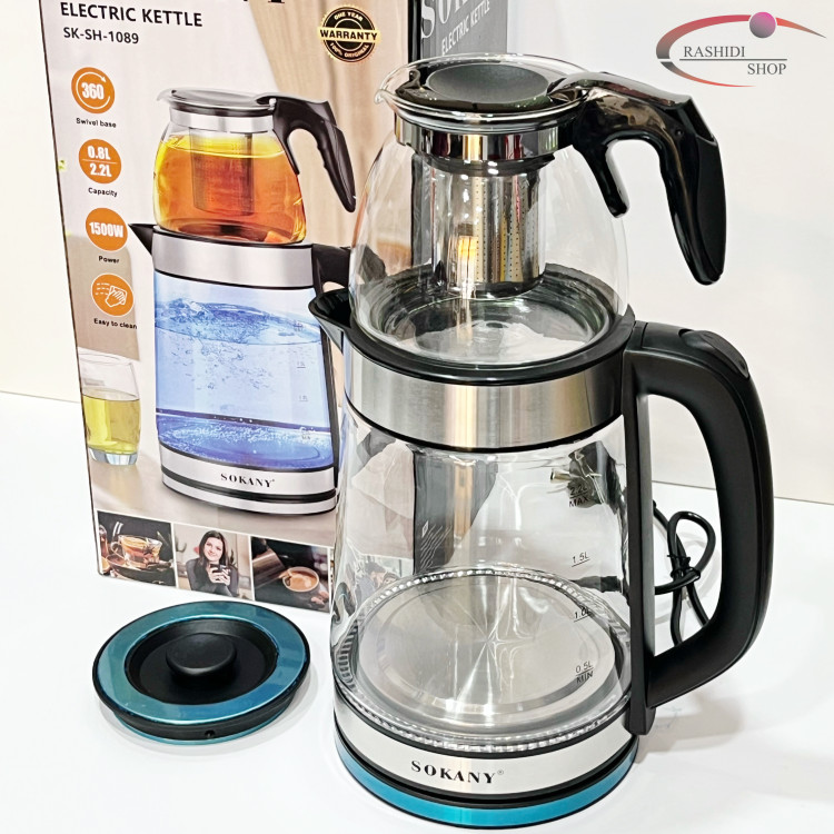 چای ساز برقی سوکانی Sokany مدل SK-SH-1089 | کتری 2.2 لیتری و قوری 0.8 لیتری